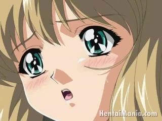 Vzrušený blondýnka anime rozpustilá dívka získávání velký kozičky olízl a kočička vyprštěná těžký